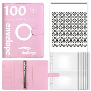 Pink 100 envelope savings challenge binder kit with money tracking card and transparent pockets