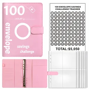 Kit de reliure défi d'économie de 100 enveloppes rose avec carte de suivi et pochettes claires