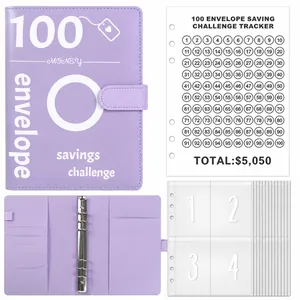 Classeur de budget A5 en cuir PU violet pour le défi d'épargne 100 enveloppes avec suivi