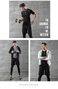 Detailed view of men's 5-piece sports set with fast-drying compression gear
