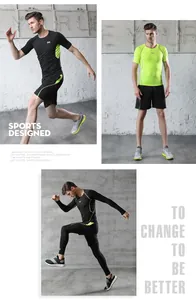 Men's 5-piece athletic set displayed in short and long sleeve styles with neon accents