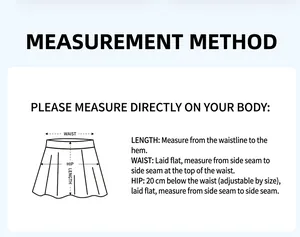 Guide de mesure détaillé indiquant la taille et les hanches pour une jupe de tennis