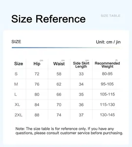 Guide des tailles pour jupe de tennis avec mesures de taille, hanches et longueur