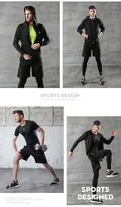 Collage of male model in black 5-piece fitness set performing workout poses.