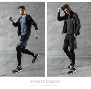 Detailed view of men's 5-piece athletic set for running and gym training