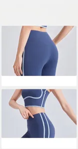 Detail view of high-waist navy yoga pants featuring blue stripes and streamlined design.