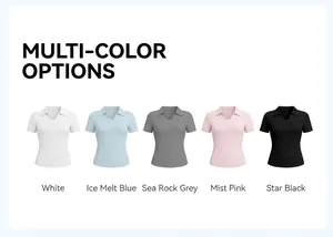 Display of five different color options for the slim-fit short-sleeved yoga polo shirt.