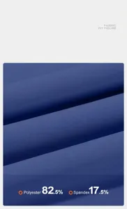 Detail view of blue yoga pants fabric showing 82.5% polyester and 17.5% spandex texture.