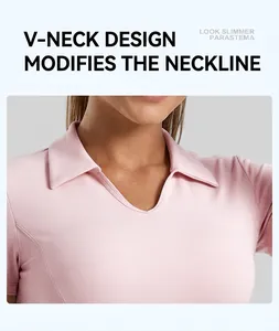 Close-up of pink polo V-neck yoga top collar design for a slimming athletic look