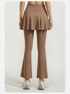 Back view of brown high-waisted flare yoga skort leggings with elegant slim fit design