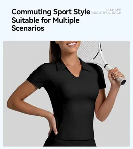 Close-up detail of slim-fit black sports polo featuring lapel collar and U-shape back design