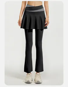 Detail view of the high-waisted color-blocked flare skirt leggings