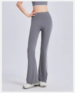 Professional high-waisted grey flared yoga pants with white stripes for fitness