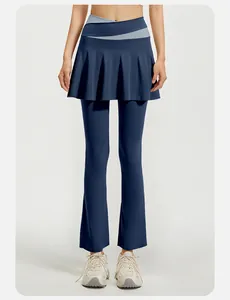Front view of high-waist flared yoga skirt-pants featuring a color-blocked waistband
