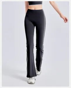 Detailed view of high-waist striped flared yoga pants with naked-feel elastic fabric