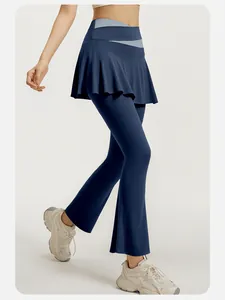 Detailed side view of navy blue high-waist flared yoga leggings with skort design