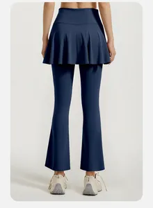 Back view of navy blue high-waist flared skort leggings showing fit and drape.