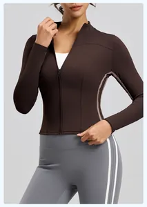 Slim fit yoga jacket with stand collar and zipper, chocolate brown sports top.