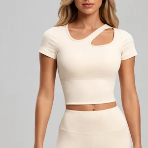 Women's asymmetric cutout yoga short sleeve top with built-in pads for fitness
