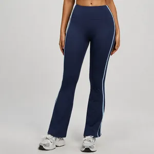 High-waist navy blue yoga flare pants with side stripes for fitness and running workout