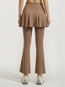 High-waisted flared skort leggings in brown with a slimming fake two-piece design