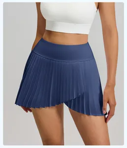 Women's high-waist pleated sports skort with split design in deep blue for tennis fitness