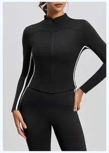 Front view of black slim-fit yoga jacket with white side stripes and stand collar