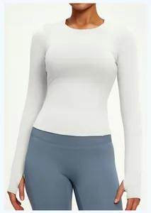 High-stretch slim-fit long-sleeve yoga top with thumbholes in soft light grey fabric