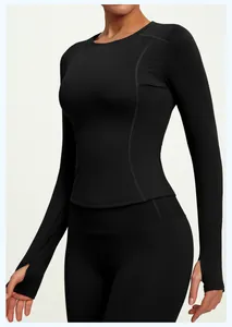 Close-up of black slim fit long sleeve yoga top with thumbholes for women