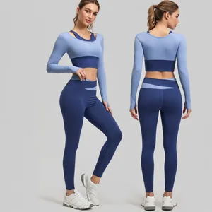 Ensemble de Yoga Effet Deux Pièces pour Femmes Top And Bottom Sportswear à Manches Longues Avec Passe-pouce Coussinets Amovibles Séchage Rapide Tenue de Gym Slim Fit