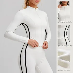 Slim fit fleece yoga jacket with stand collar and contrast side stripes for women