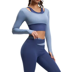 Ensemble de yoga deux pièces à manches longues et legging bleu pour le fitness actif