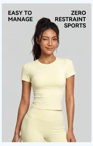 Vista detallada de camiseta deportiva amarilla clara ajustada en modelo asiática