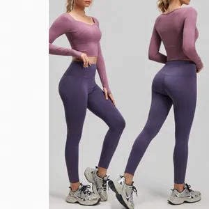 Slim fit breathable nude-feel yoga athletic set with long sleeve top and leggings