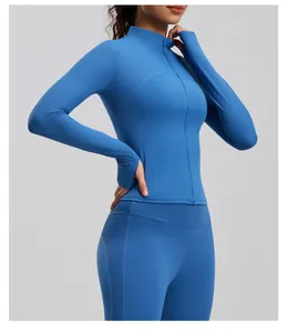 Detailed view of blue ribbed striped yoga jacket with slim-fit standing collar