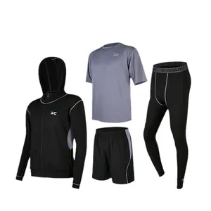 Set compressione sportiva da uomo 4 pezzi con felpa, maglietta e leggings aderenti