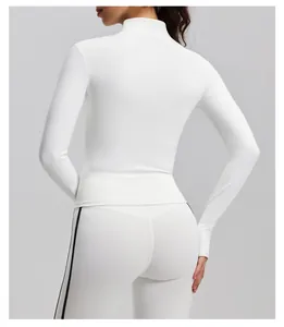 Detailed back view of the white stand-up collar long-sleeve sports jacket for yoga