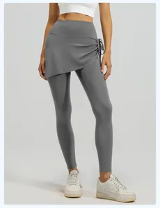 Ganzkörperansicht der grauen Yoga-Rock-Leggings mit hohem Bund und seitlichem Kordelzug.