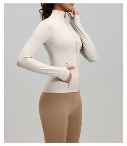 Detailed side view of off-white high-elastic yoga jacket with slimming stitch lines