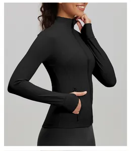 Detailed side view of black high-elastic yoga jacket with stitching and thumbholes