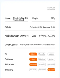 Detailed product information card for cutout twisted sports vest showing fabric and size