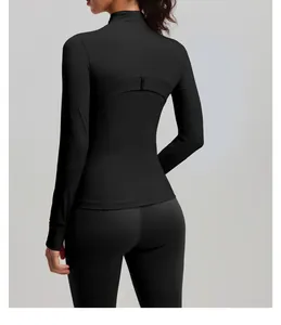 Detailed back view of a slim-fit black yoga jacket with high-stretch performance fabric