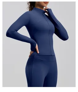 Close-up of blue ribbed yoga jacket with stand collar and zipper detailing