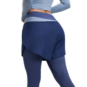 Leggings da yoga blu a due pezzi a vita alta con design patchwork per corsa e fitness