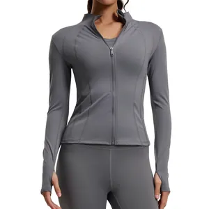 Veste de yoga de sport grise respirante avec fermeture éclair et passe-pouces pour femme