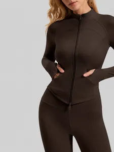 Chaqueta Deportiva de Yoga Ajustada para Mujer Doble Cremallera Bolsillos Laterales Agujeros para el Pulgar Secado Rápido Workout Correr Athletic Top