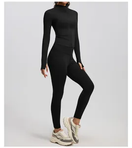 Side view of slimming black yoga set featuring a stand-up collar long-sleeve jacket