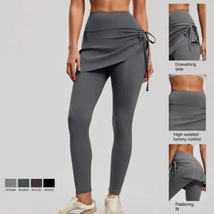 Leggings da yoga a vita alta con gonnellino a coulisse arricciato per fitness