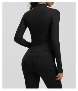 Detailed back view of a slim-fit black yoga jacket with ribbed sleeves and leggings