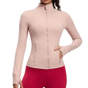 Professional pink yoga jacket with high neck zipper and thumbholes for outdoor running